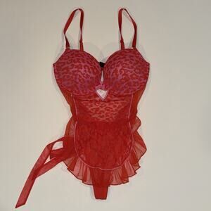 Victoria Secret Red Lace Padded Push Up Apron Thong French Maid V Teddy 36 D